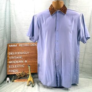 Homemade Retro Button Down Short Sleeve Shirt w/ Faux Fur Leopard Print Collar
